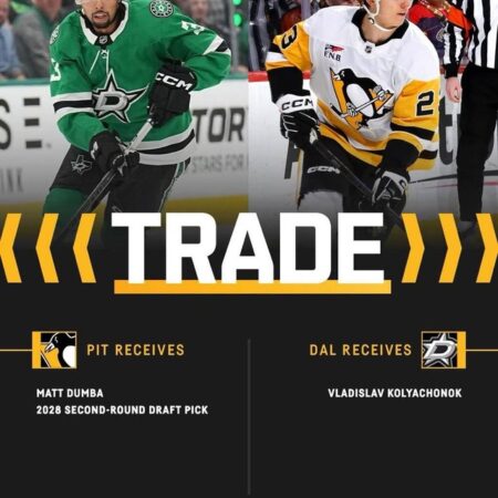 «Даллас Старз» обменял защитника Дамбу и выбор на драфте в «Питтсбург Пингвинз» на Владислава Колячонка
